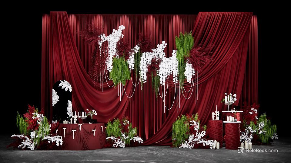 Elegant Red Curtain Photo Spot With White Green Floral Decor And Ornaments 3d model 