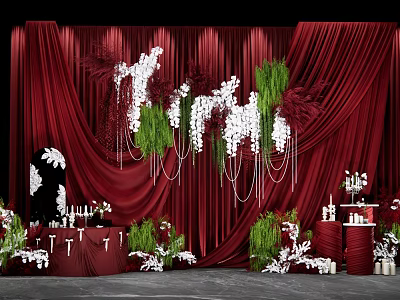 Elegant Red Curtain Photo Spot With White Green Floral Decor And Ornaments 3d model