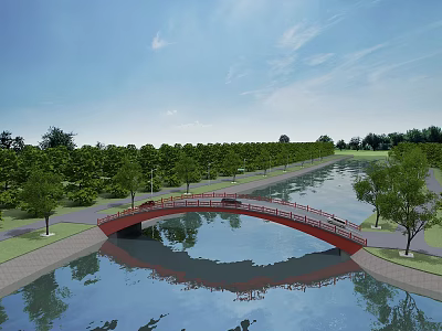 Red Arch Bridge Over Calm Water With Green Trees And Clear Sky Reflection 3d model