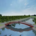 Red Arch Bridge Over Calm Water With Green Trees And Clear Sky Reflection 3d model