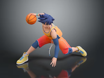 Anime Basketball Action Figure with Blue Hair Orange Vest Red Shorts Yellow Sneakers Dynamic Pose 3d model