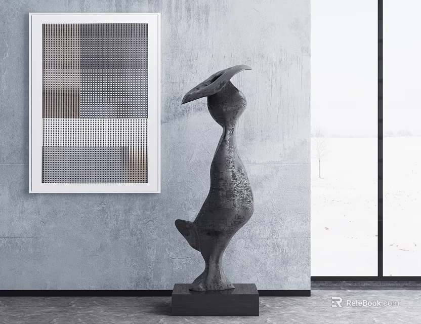 Modern Abstract Black Sculpture Carving With Black Base Against Gray Wall And Geometric Painting 3d model 