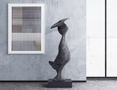 Modern Abstract Black Sculpture Carving With Black Base Against Gray Wall And Geometric Painting 3d model