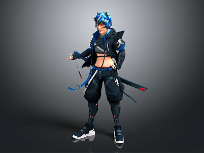 Game Movie Character With Blue Hair Black Blue Outfit And Sword At Waist 3d model