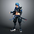 Game Movie Character With Blue Hair Black Blue Outfit And Sword At Waist