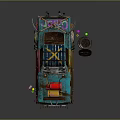 Turquoise Modified Car On Repair Lift With Yellow Engine Parts And Mechanical Tools