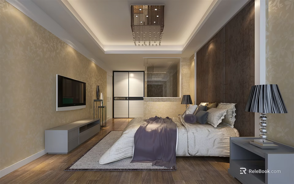 Hotel Guest Room Interior With King Bed Table Lamps TV Chandelier And Wooden Flooring 3d model 