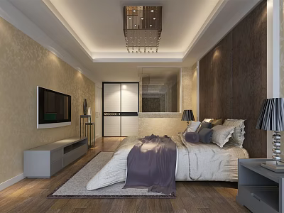 Hotel Guest Room Interior With King Bed Table Lamps TV Chandelier And Wooden Flooring 3d model