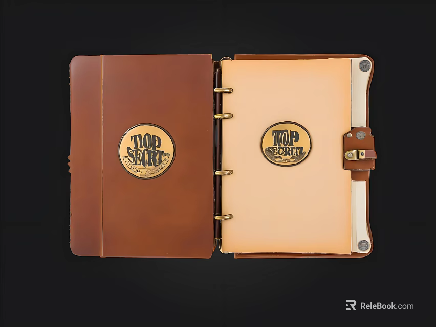 Open Brown Leather Notebook With Top Secret Logo Metal Ring Binding And Leather Strap 3d model 