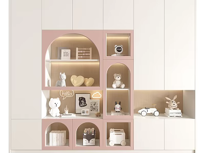 Pink And White Decorative Cabinet With Open Compartments Stuffed Toys And Lighting 3d model