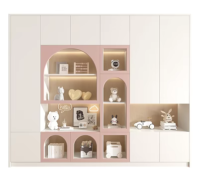 Pink And White Decorative Cabinet With Open Compartments Stuffed Toys And Lighting 3d model