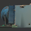 Old Blue Rusty Industrial Machine With Metal Grille And Concrete Base 3d model