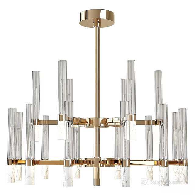 Modern Luxurious Chandelier Design With Gold Metal Frame And Clear Glass Tubes 3d model 
