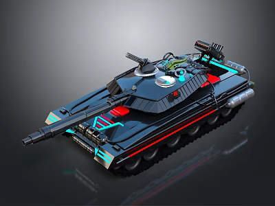 Modern Military Tank With Black Exterior Blue Red Lights Cannon And Tracks 3d model
