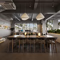Modern Reception Desk With Metal Counter Pendant Lighting Staircase And Large Windows