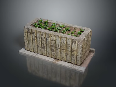 Green Plants Growing In Rectangular Striped Stone Planter With Fresh Leaves 3d model