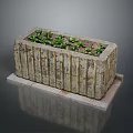 Green Plants Growing In Rectangular Striped Stone Planter With Fresh Leaves 3d model