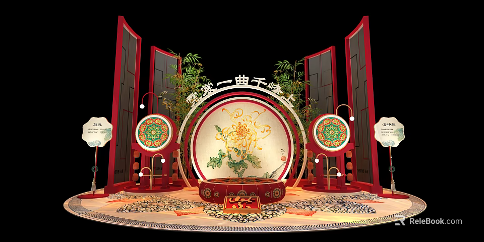 Traditional Chinese Cultural Stage With Red Frames Bamboo And Circular Decorations 3d model 