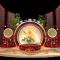 Traditional Chinese Cultural Stage With Red Frames Bamboo And Circular Decorations