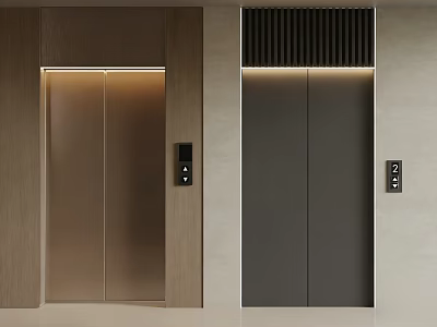 Modern Elevators With Light Brown Wooden Panel And Dark Gray Grille Lighting Design 3d model