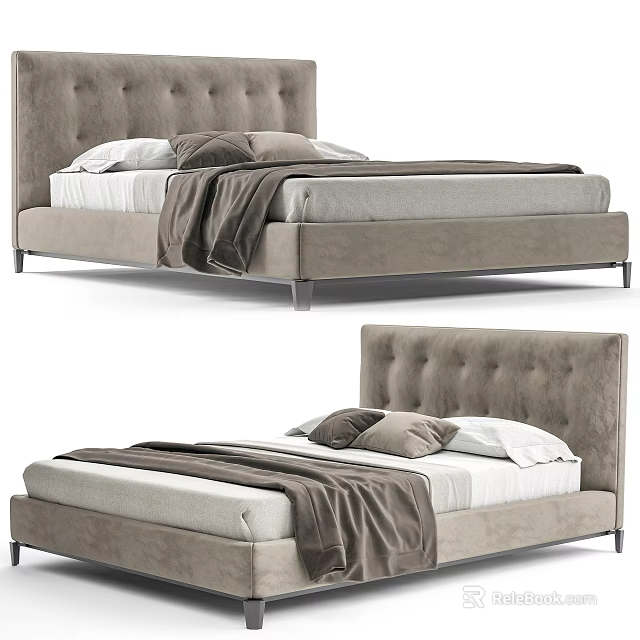 Modern Double Bed Design With Tufted Gray Headboard Soft Blanket And White Sheets 3d model