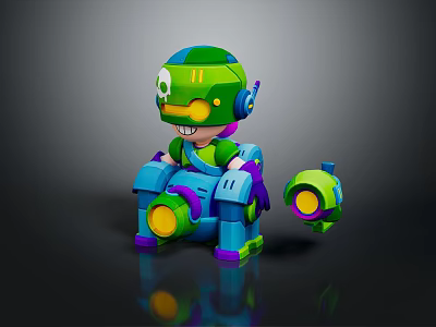 Game Movie Character Green Blue Robot With Big Eyes Headphones Mechanical Seat And Small Round Device 3d model