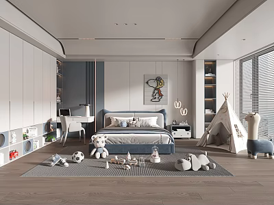 Kids Room Interior Design With Blue Bed White Wardrobes Teepee Toys Rug And Wall Art 3d model