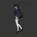 Anime Character With Purple Long Hair Blue Blazer Plaid Skirt White Stockings And Black Shoes