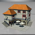 Two Story Building with Orange Roof Red Windows White Walls Porch Umbrellas and Stairs