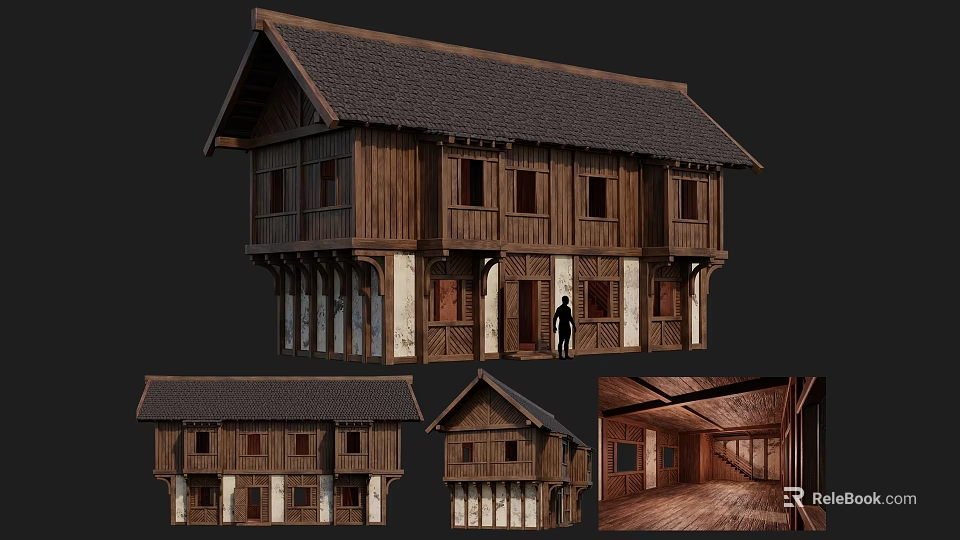 Traditional Ancient Wooden Architecture Design With Pitched Roof And Interior Wooden Elements 3d model 