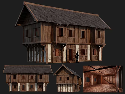 Traditional Ancient Wooden Architecture Design With Pitched Roof And Interior Wooden Elements 3d model