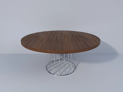 Modern Round Coffee Table With Wooden Top And Metal Wireframe Base 3d model