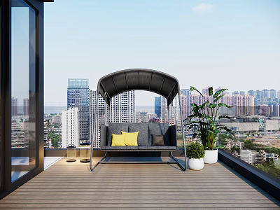 Stylish Hammock Swing Chair on Balcony Wooden Floor with Yellow Cushions and City View Plants 3d model