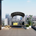 Stylish Hammock Swing Chair on Balcony Wooden Floor with Yellow Cushions and City View Plants