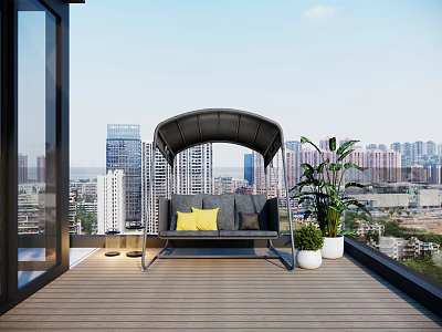Modern Roof Garden Terrace Landscape Outdoor Double Triple Hanging Chair Swing Atmosphere Light Green Plant Wall Grille 3d model
