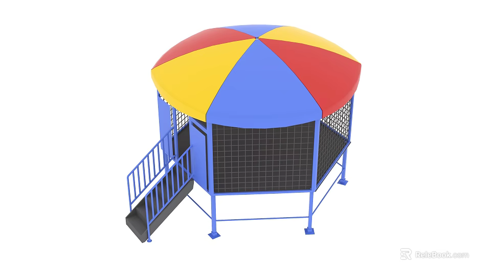 Trampoline With Colorful Canopy Blue Frame Safety Net And Staircase For Sports 3d model 