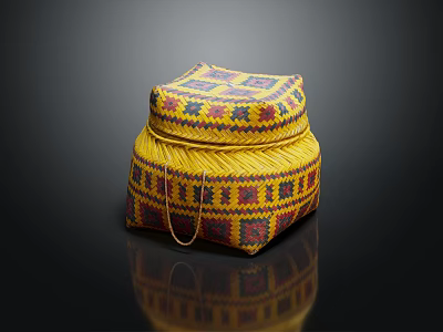 Yellow Woven Storage Basket With Colorful Patterns And Lid 3d model