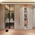 Modern Light Colored Wardrobe With Glass Doors Hanging Rods And Storage Shelves