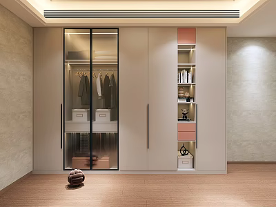 Modern Light Colored Wardrobe With Glass Doors Hanging Rods And Storage Shelves 3d model