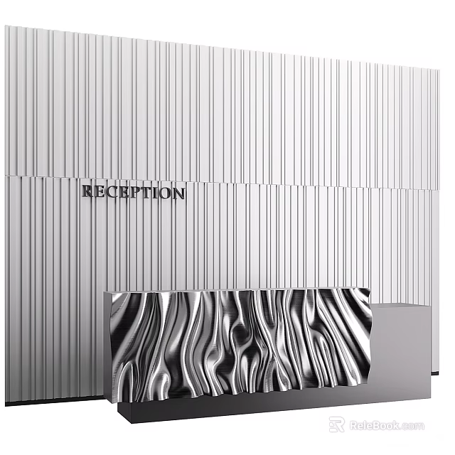 Modern Reception Background Wall With Vertical Stripes Reception Sign And Wavy Countertop 3d model 