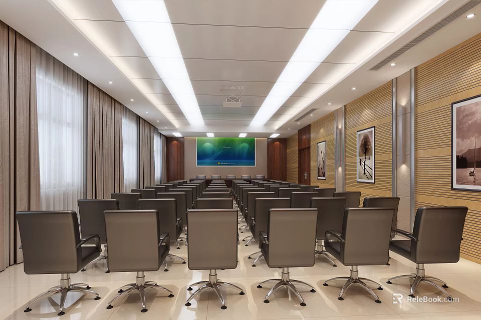 Modern Conference Room Interior With Rows of Chairs Large Screen Decorative Paintings and Tile Floor 3d model 