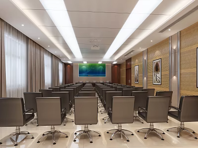 Modern Conference Room Interior With Rows of Chairs Large Screen Decorative Paintings and Tile Floor 3d model