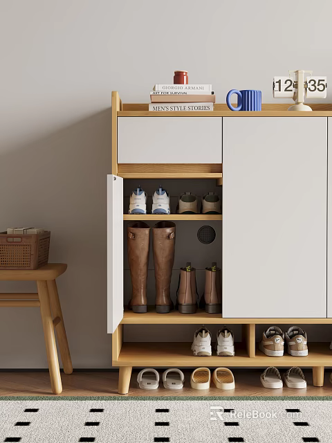 Modern Wooden Shoe Cabinet with Open Doors Storing Boots Sneakers and Organized Compartments 3d model 