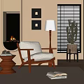Beige Armrest Leisure Chair with Wooden Frame by Floor Lamp Black Framed Artworks and Fireplace