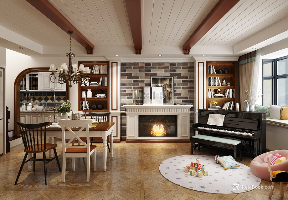 Cozy Family Restaurant Interior with Dining Table Chairs Fireplace Piano Bookshelves and Wooden Flooring 3d model 