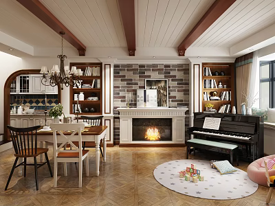 Cozy Family Restaurant Interior with Dining Table Chairs Fireplace Piano Bookshelves and Wooden Flooring 3d model
