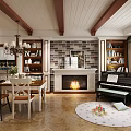 Cozy Family Restaurant Interior with Dining Table Chairs Fireplace Piano Bookshelves and Wooden Flooring