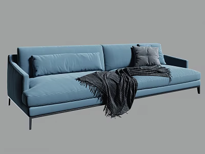 Light Blue Modern Sectional Sofa With Soft Cushions And Fringed Gray Blanket 3d model
