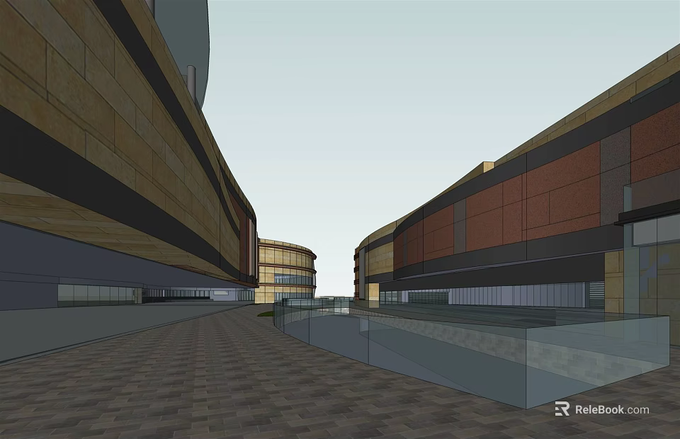 Modern Commercial Street With Modern Buildings Stone Paved Ground And Glass Railings 3d model 