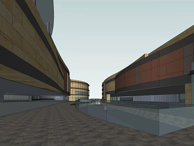 Modern Commercial Street With Modern Buildings Stone Paved Ground And Glass Railings 3d model